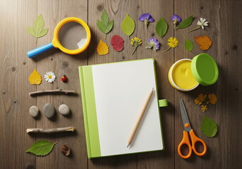 Nature Explorer's Toolkit: A curated collection of natural elements and tools, including vibrant leaves, delicate flowers, a magnifying glass, and a notebook with pencil.