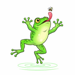 Obraz premium A cartoon green frog with its long, sticky tongue extended to catch a fly.