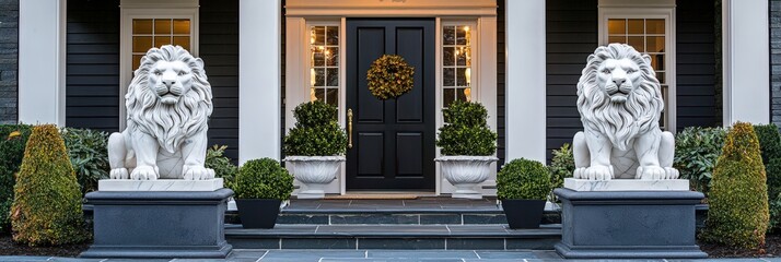Majestic Stone Lions at the Entrance of a Home with Lush Greenery and Elegant Front Door Decor