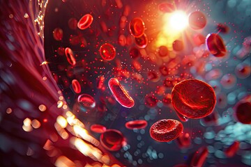 Photorealistic microscopic view of red blood cells with a single white cell