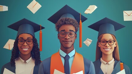 High Quality Render of Dimensional Education Icons Featuring Diverse Graduates Celebrating Success with Diplomas and Caps