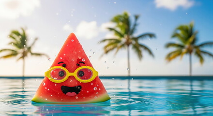 Watermelon in the Pool: An artistic rendering of a watermelon slice in a pool, adorned with sunglasses, embodying the fun of a summer day