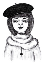 Portrait of young woman wearing beret and scarf, drawn with pencil. Short hairstyle. The sketchy style and expressive facial features give the image an artistic and bohemian look. Monochrome artwork.