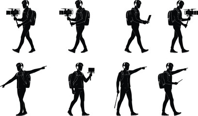 Travel vlogger silhouettes, backpack traveler, camera stabilizer, content creator, digital exploration,