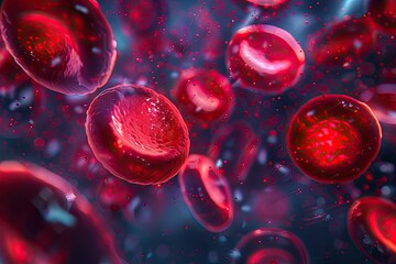Photorealistic microscopic view of red blood cells with a single white cell