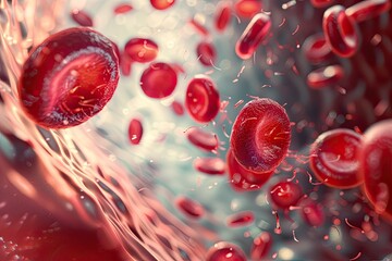 Photorealistic microscopic view of red blood cells with a single white cell