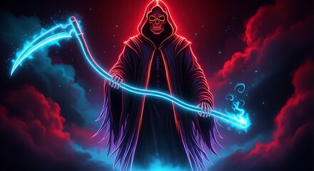 Grim reaper neon art dark fantasy halloween death skeleton