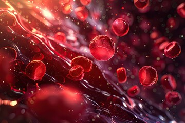 Photorealistic microscopic view of red blood cells with a single white cell