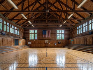 Spacious Wooden Gymnasium with Bright Windows and American Flag, Exuding Youthful Energy and Competitive Spirit