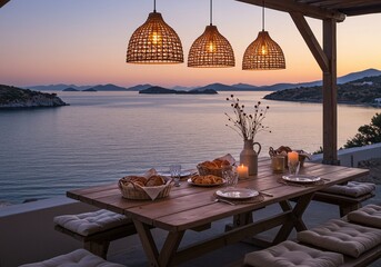 Outdoor Dining Table with Ocean View at Sunset.
