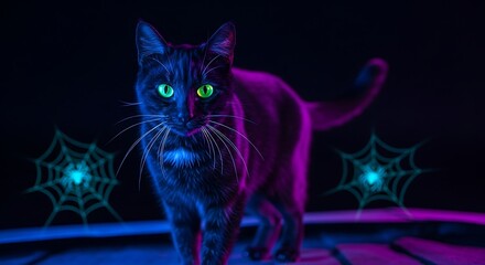 Halloween cat with glowing eyes in neon spiderweb background