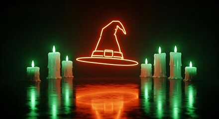 Halloween candles and witch hat neon light spooky decoration