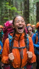 Young Students Enjoying Nature Adventure in Rainy Forest, Demonstrating Joy and Camaraderie Amidst Lush Greenery