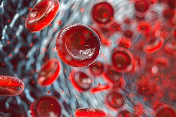 Photorealistic microscopic view of red blood cells with a single white cell