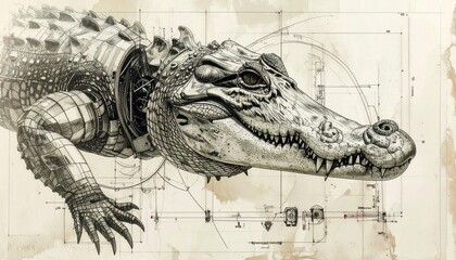 Engineering drawing of a crocodile