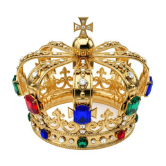 Fototapeta premium Opulent golden crown, polished, intricate scrollwork, symmetrical crosses, vibrant red, blue, green faux jewels, transparent background, studio lighting. Concept of luxury and regality