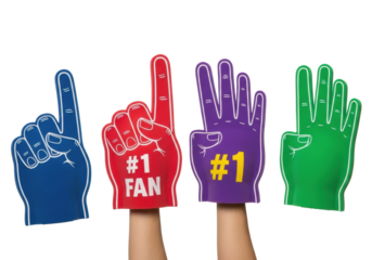 Four foam hands: dark blue, red with '#1 FAN', purple with '#1', green, raised enthusiastically against a transparent background with no shadows, concept of sports fan support