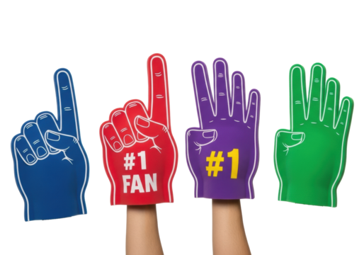 Four foam hands: dark blue, red with '#1 FAN', purple with '#1', green, raised enthusiastically against a transparent background with no shadows, concept of sports fan support