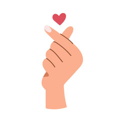 Saranghae korean love hand gesture. Finger heart. Hand making a finger heart gesture. Small red heart above fingers. Love and affection theme. Vector illustration, hand drawn, flat, doodle design