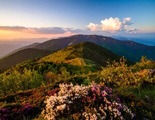 Fototapeta premium Mountaintop vista at sunset, vibrant flowers