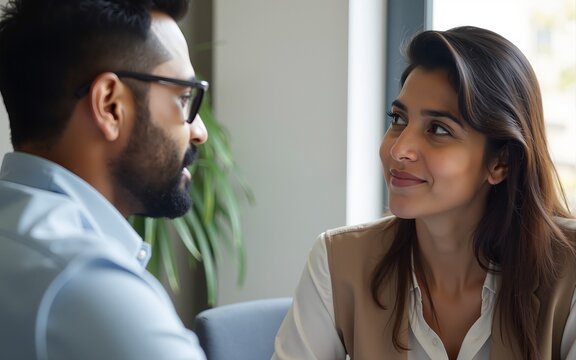 Indian male hr specialist manager, employer, boss listening female latin candidate at job interview, consulting client at office meeting. Hiring and employment, human resources, recruitment concept.