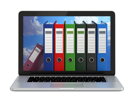 Ring binders, file folders inside the screen of laptop isolated on white. 3d render