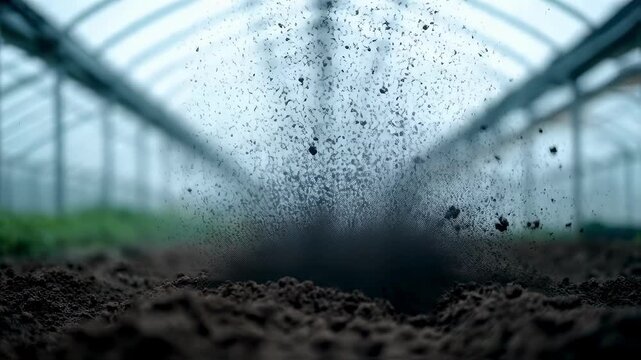 Focused medium shot of nutrientrich biochar particles mixing into soil with the blurry outline of a greenhouse emphasizing ecofriendly farming innovation.