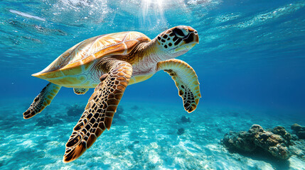Obraz premium Graceful sea turtle swimming through clear blue ocean waters, showcasing vibrant colors