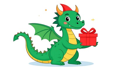 Fototapeta premium Cute green dragon with a red gift