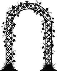 Intricate silhouette of a floral garden archway with climbing vines and grass accents silhouette flat design vector illustration white background © rabbivay