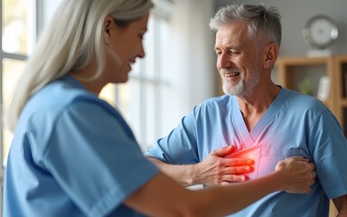 Senior woman helping her husband with chest pain. High quality