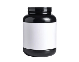 Can of protein or gainer powder with blank label isolated on white background