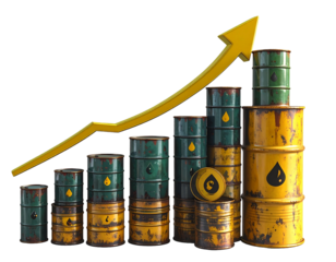 ncreasing oil price - growing arrow up and oli barrels isolated on white. 3d render
