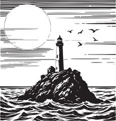 Fototapeta premium Black and white lighthouse illustration on rocky island with ocean waves birds and dramatic sky scene