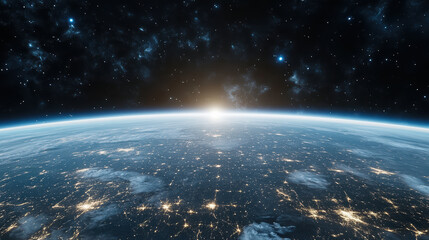 Obraz premium Breathtaking view of Earth from space, showcasing glowing horizon and twinkling city lights