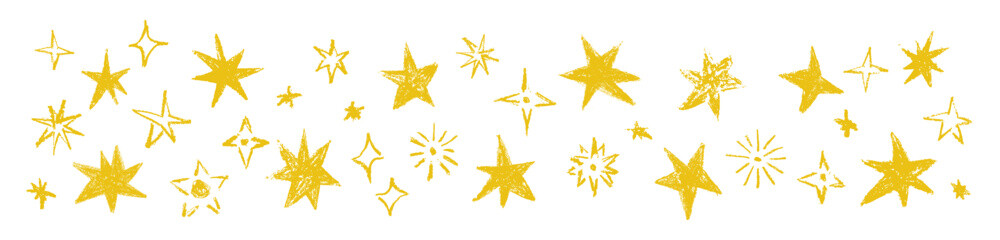 Grunge stars collection with chalk, charcoal texture. Naive hand drawn scribble wax crayons stars. Doodle decorative design elements Vector illustration isolated on transparent background