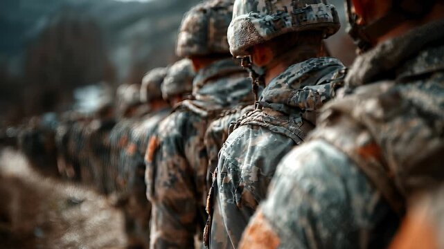 Row of Soldiers in Camouflage Uniforms Standing in Formation, Military Personnel Training Exercise, Back View, Selective Focus, Blurred Background