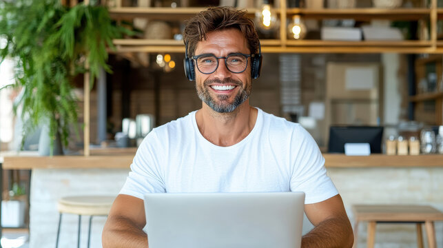 Smiling man with headphones working on laptop in modern cafe, enjoying productive atmosphere