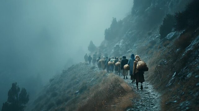 Group of Refugees Walking on a Mountain Trail in Fog, Poverty, Migration, Hope, Despair, Journey, Seeking Asylum, Human Displacement, Uncertainty, and Resilience.