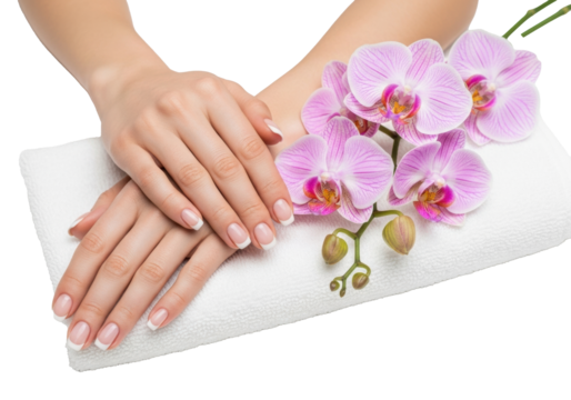 Elegant feminine hands with classic French tip manicure resting on white towel, pink orchids nearby, transparent studio background. Concept of luxury spa pampering session