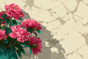 Pink peonies blooming against a textured, light-toned background with shadowing