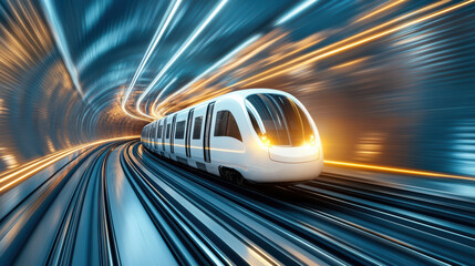Fototapeta premium Futuristic subway train speeding through vibrant underground tunnel, showcasing motion
