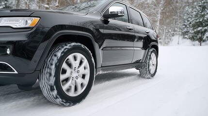 A black SUV with winter tires is driving dynamically on a snow-covered road in a winter forest, kicking up snow.