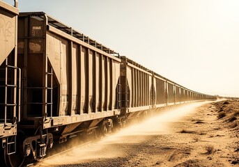 Obraz premium Freight train moving through desert landscape with long row of weathered wagons carrying heavy loads, sand stretching endlessly and cinematic arid railway view