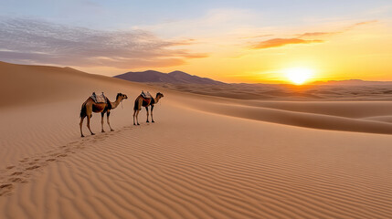 Fototapeta premium Desert sunset with camels walking on sand dunes, creating serene atmosphere