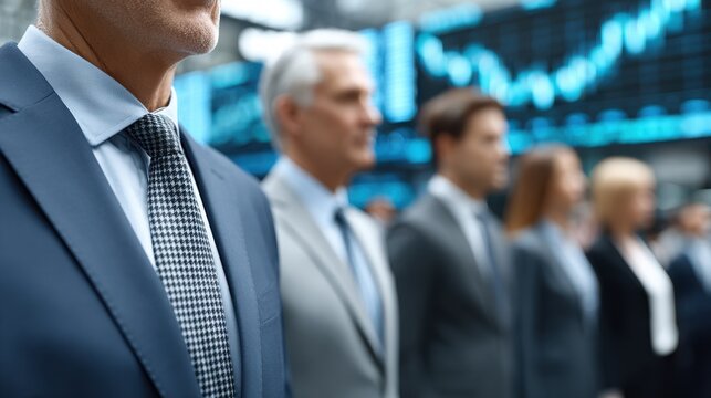 Close-up of a businessman in a suit and tie, with blurred colleagues and financial charts in the background. - Powered by Adobe