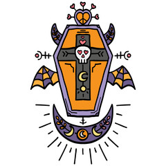 halloween festival. Colorful artistic design featuring a coffin with skull and bat motifs. retro trendy groovy halloween illustration in doodle pastel color line style