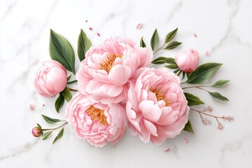 Close-up of blush peonies and leaves, arranged on white marble, scattered petals