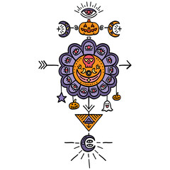 halloween festival. Colorful Halloween-themed mandala with various spooky symbols. retro trendy groovy halloween illustration in doodle pastel color line style