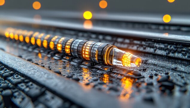 Glowing segmented tube on dark wet surface, bokeh lights